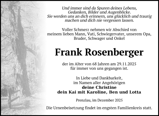 Traueranzeige von Frank Rosenberger von Uckermark Kurier Prenzlauer Zeitung