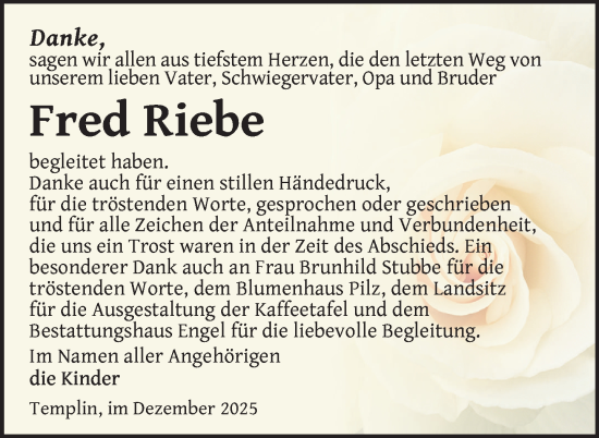 Traueranzeige von Fred Riebe von Uckermark Kurier Templiner Zeitung