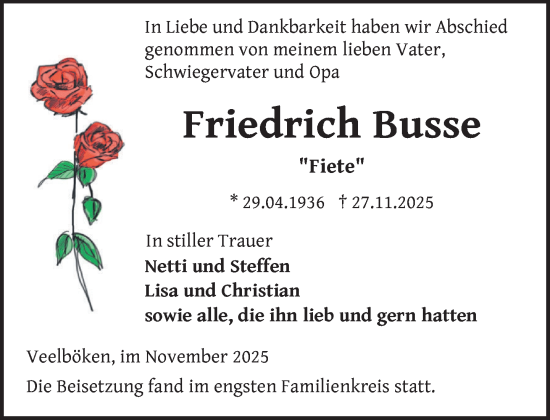 Traueranzeige von Friedrich Busse von Gadebusch - Rehnaer Zeitung