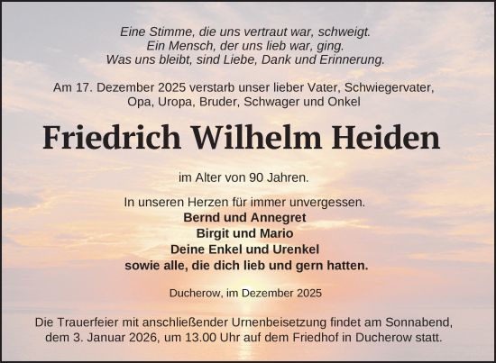 Traueranzeige von Friedrich Wilhelm Heiden von Nordkurier Neubrandenburger Zeitung