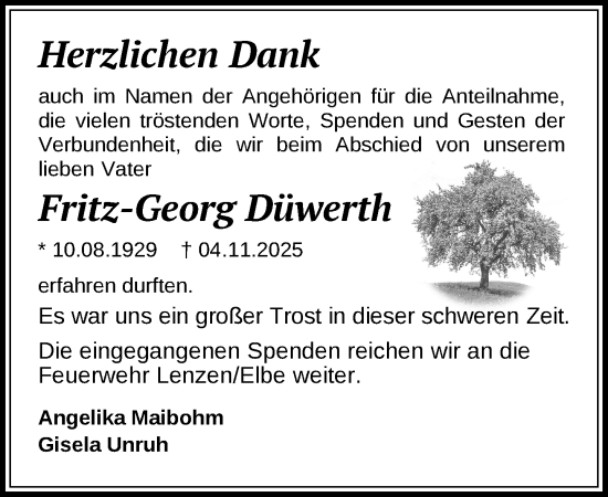 Traueranzeige von Fritz-Georg Düwerth von Der Prignitzer