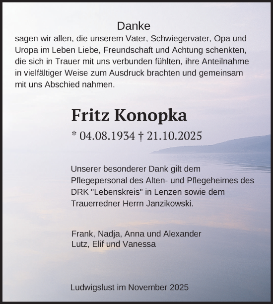 Traueranzeige von Fritz Konopka von Ludwigsluster Tageblatt