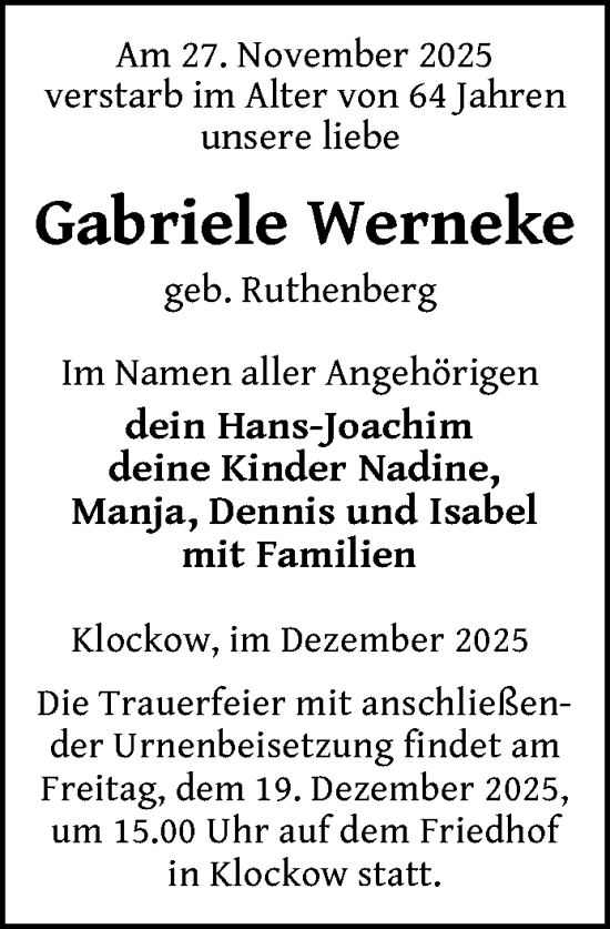 Traueranzeige von Gabriele Werneke von Uckermark Kurier Prenzlauer Zeitung