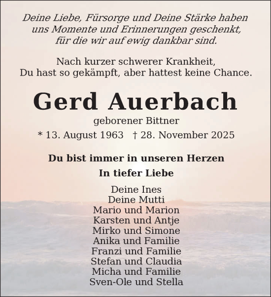 Traueranzeige von Gerd Auerbach von Zeitung für die Landeshauptstadt