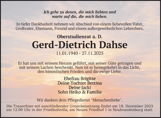 Traueranzeige von Gerd-Dietrich Dahse von Nordkurier Neubrandenburger Zeitung