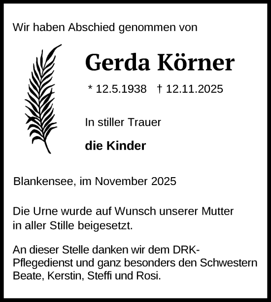 Traueranzeige von Gerda Körner von Nordkurier Strelitzer Zeitung