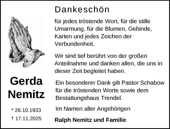 Traueranzeige von Gerda Nemitz von Zeitung für die Landeshauptstadt
