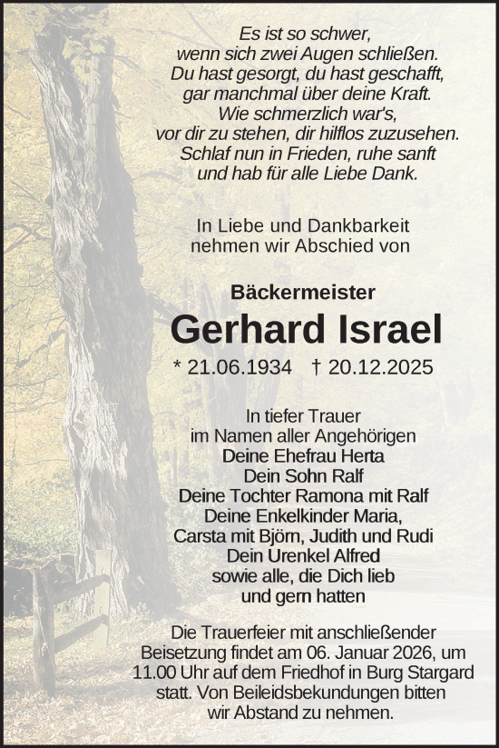 Traueranzeige von Gerhard Israel von Nordkurier Neubrandenburger Zeitung