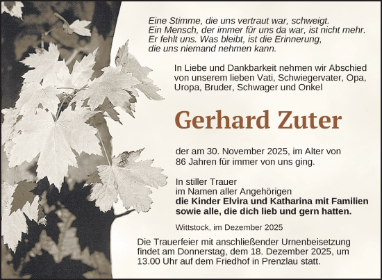 Traueranzeige von Gerhard Zuter von Uckermark Kurier Prenzlauer Zeitung