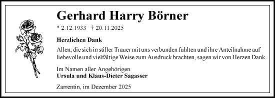 Traueranzeige von Gerhard Harry Börner von Hagenower Kreisblatt