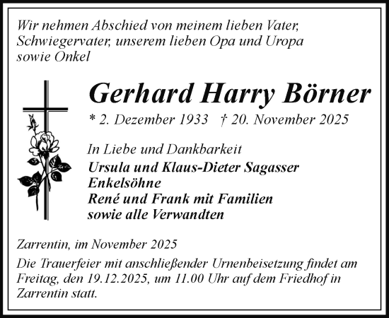 Traueranzeige von Gerhard Harry Börner von Hagenower Kreisblatt