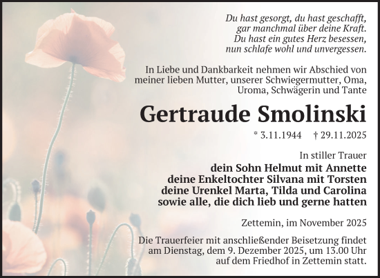 Traueranzeige von Gertraude Smolinski von Nordkurier Mecklenburger Schweiz