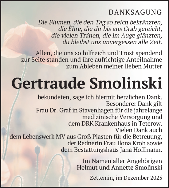 Traueranzeige von Gertraude Smolinski von Nordkurier Mecklenburger Schweiz