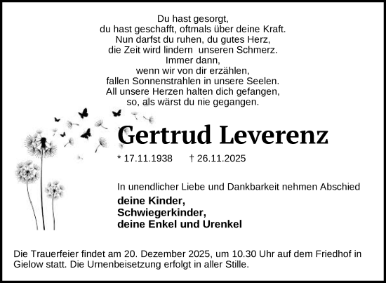 Traueranzeige von Gertrud Leverenz von Nordkurier Mecklenburger Schweiz