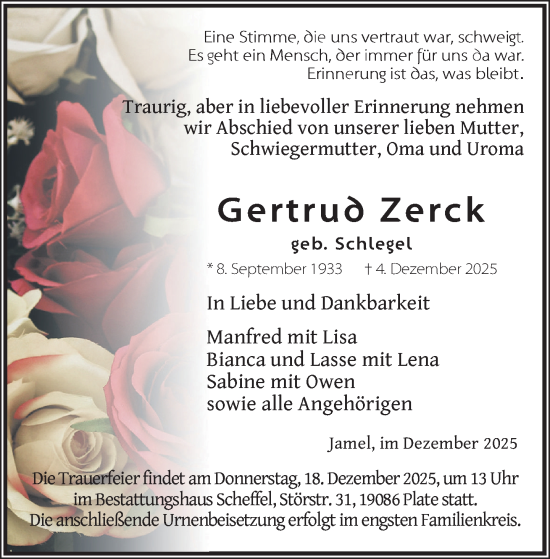 Traueranzeige von Gertrud Zerck von Zeitung für die Landeshauptstadt