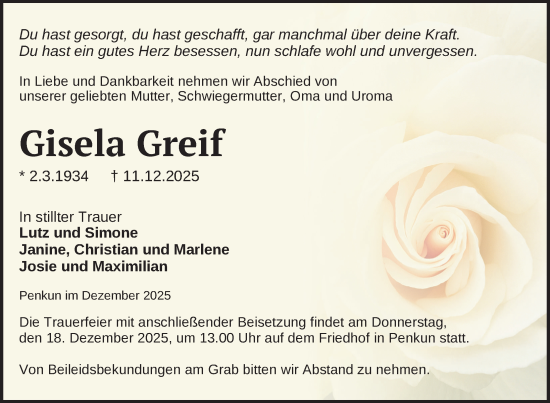 Traueranzeige von Gisela Greif von Nordkurier Grosso