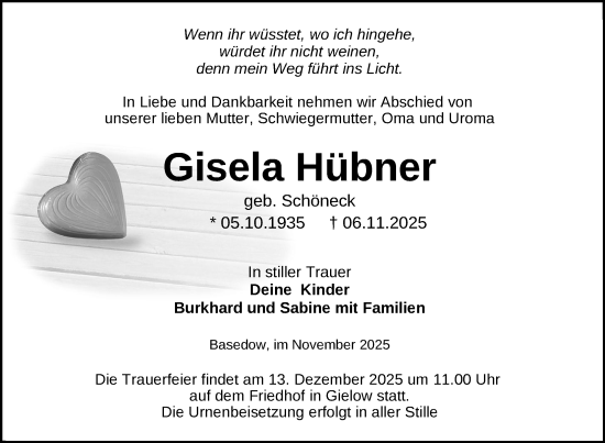 Traueranzeige von Gisela Hübner von Nordkurier Mecklenburger Schweiz