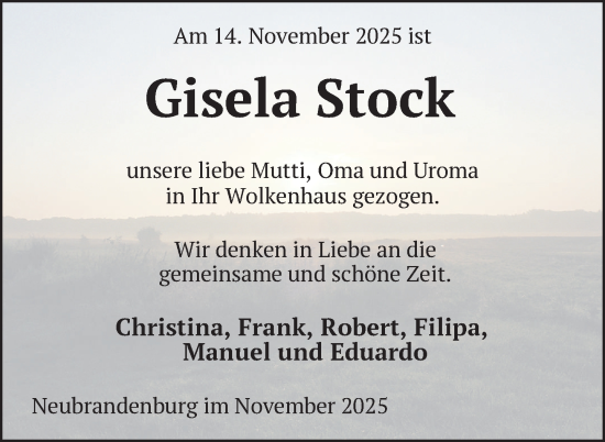 Traueranzeige von Gisela Stock von Nordkurier Neubrandenburger Zeitung