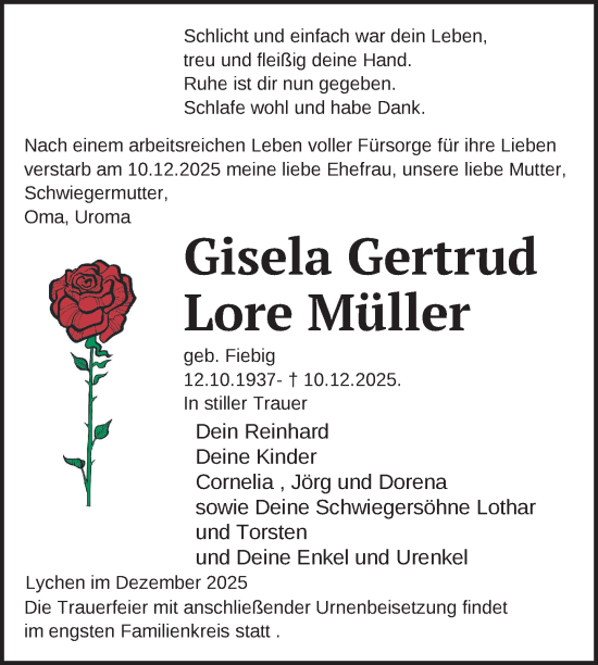 Traueranzeige von Gisela Gertrud Lore Müller von Uckermark Kurier Templiner Zeitung