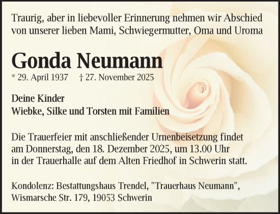 Traueranzeige von Gonda Neumann von Zeitung für die Landeshauptstadt