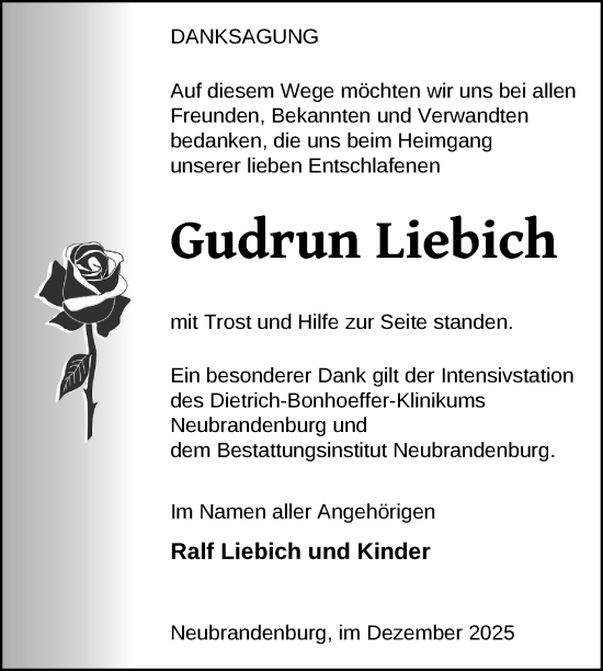 Traueranzeige von Gudrun Liebich von Nordkurier Neubrandenburger Zeitung