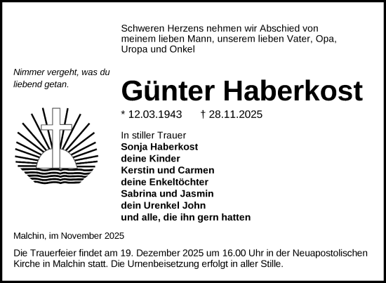 Traueranzeige von Günter Haberkost von Nordkurier Mecklenburger Schweiz