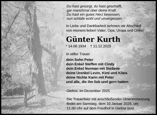 Traueranzeige von Günter Kurth von Nordkurier Mecklenburger Schweiz