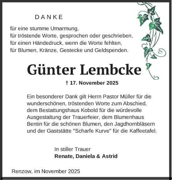Traueranzeige von Günter Lembcke von Gadebusch - Rehnaer Zeitung