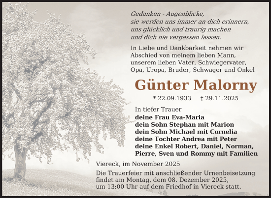 Traueranzeige von Günter Malorny von Nordkurier Grosso
