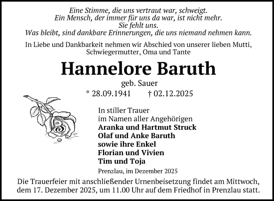 Traueranzeige von Hannelore Baruth von Uckermark Kurier Prenzlauer Zeitung