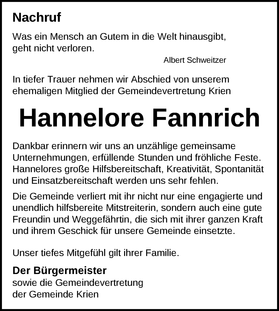  Traueranzeige für Hannelore Fannrich vom 02.12.2025 aus Nordkurier Vorpommern Kurier