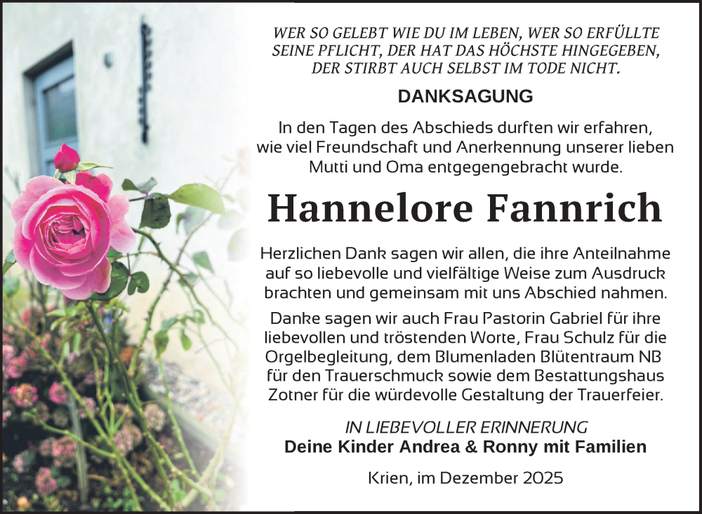 Traueranzeige für Hannelore Fannrich vom 13.12.2025 aus Nordkurier Vorpommern Kurier