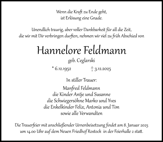 Traueranzeige von Hannelore Feldmann von Norddeutsche Neueste Nachrichten