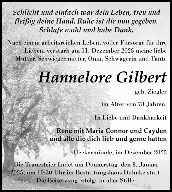 Traueranzeige von Hannelore Gilbert von Nordkurier Haff-Zeitung