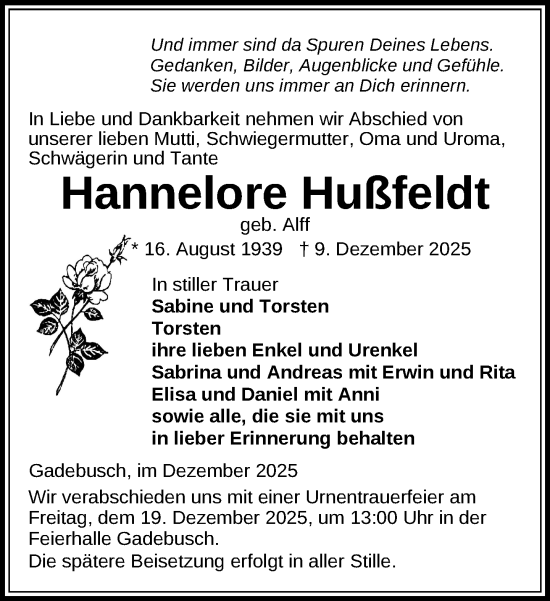 Traueranzeige von Hannelore Hußfeldt von Gadebusch - Rehnaer Zeitung