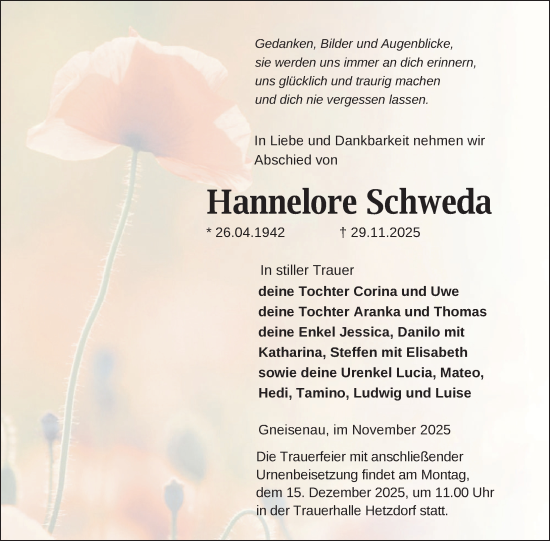 Traueranzeige von Hannelore Schweda von Uckermark Kurier Prenzlauer Zeitung