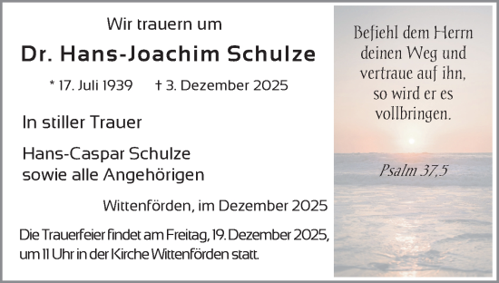 Traueranzeige von Hans-Joachim Schulze von Zeitung für die Landeshauptstadt