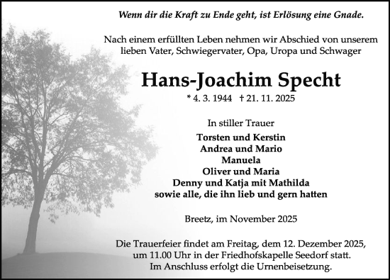 Traueranzeige von Hans-Joachim Specht 
