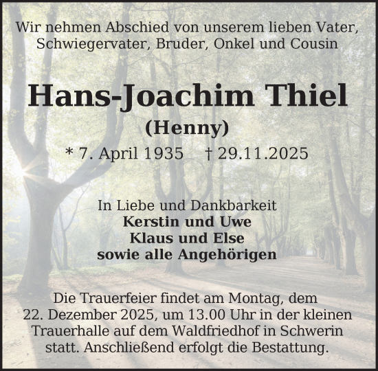 Traueranzeige von Hans-Joachim Thiel von Zeitung für die Landeshauptstadt