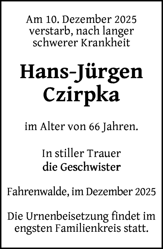 Traueranzeige von Hans-Jürgen Czirpka von Nordkurier Grosso
