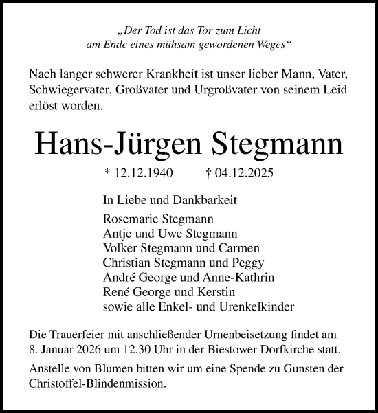 Traueranzeige von Hans-Jürgen Stegmann von Norddeutsche Neueste Nachrichten