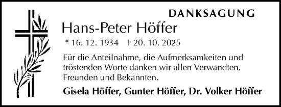 Traueranzeige von Hans-Peter Höffer von Norddeutsche Neueste Nachrichten