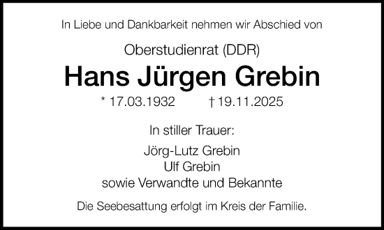 Traueranzeige von Hans Jürgen Grebin von Norddeutsche Neueste Nachrichten