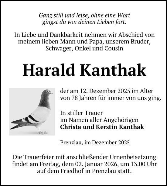 Traueranzeige von Harald Kanthak von Uckermark Kurier Prenzlauer Zeitung