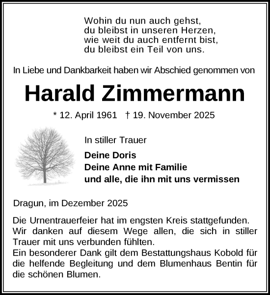 Traueranzeige von Harald Zimmermann von Gadebusch - Rehnaer Zeitung