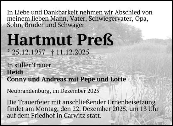 Traueranzeige von Hartmut Preß von Nordkurier Grosso
