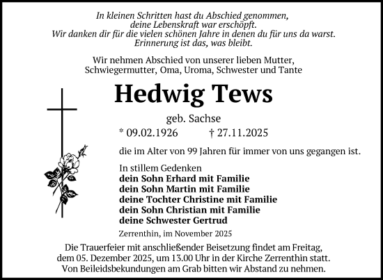 Traueranzeige von Hedwig Tews von Uckermark Kurier Prenzlauer Zeitung