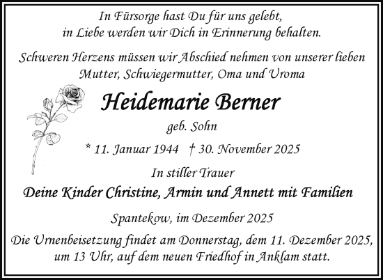 Traueranzeige von Heidemarie Berner von Nordkurier Vorpommern Kurier