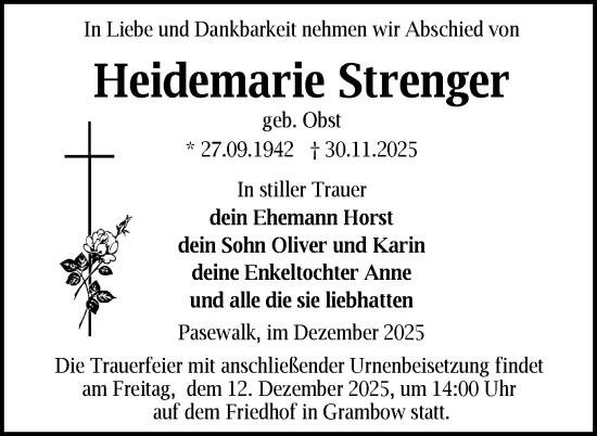 Traueranzeige von Heidemarie Strenger von Nordkurier Grosso