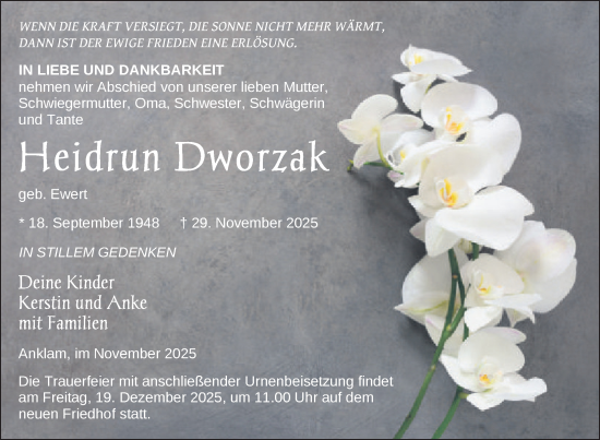 Traueranzeige von Heidrun Dworzak von Nordkurier Vorpommern Kurier